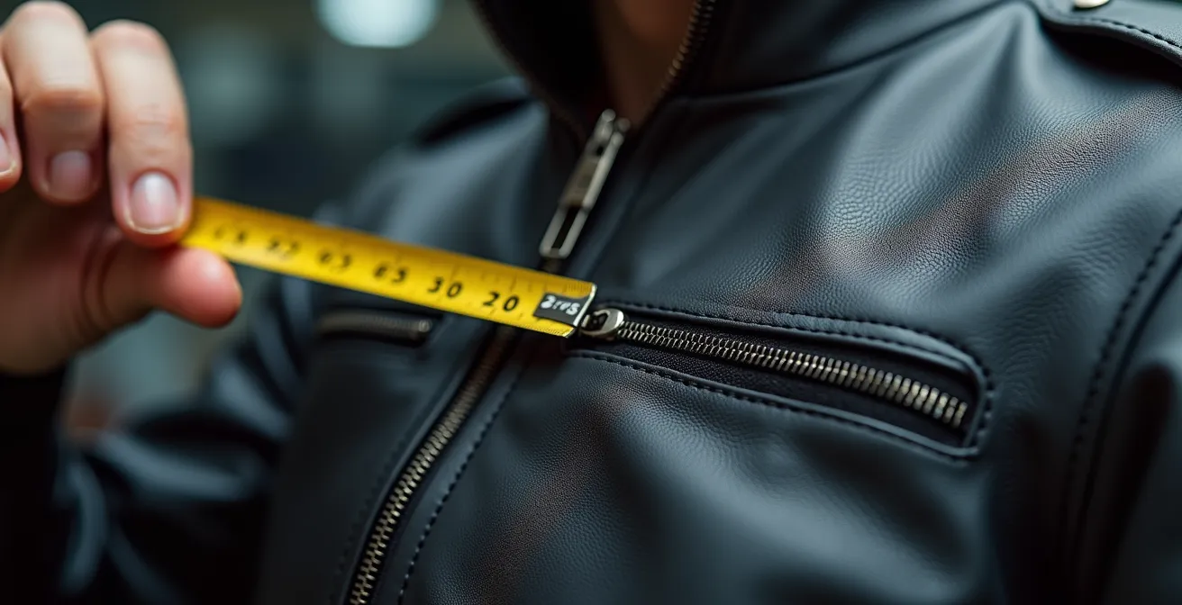 Messung des benötigten Platzes für eine Airbagweste unter der Lederkombi mit den Fingern.
