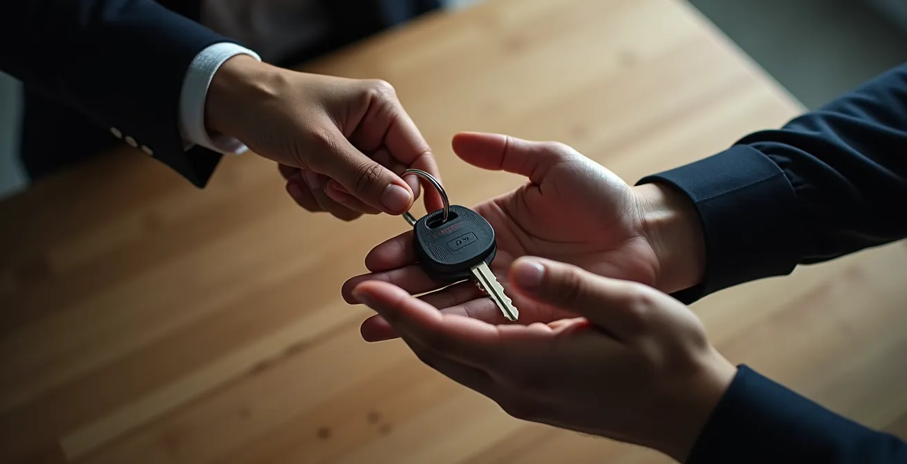Zwei Personen diskutieren über Motorradschlüssel, eine Hand hält zögerlich die Schlüssel, die andere greift danach.