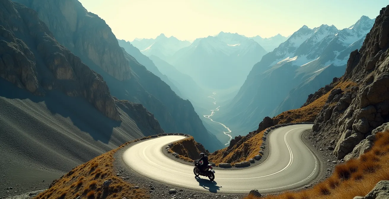 Glühende Bremsscheibe eines Motorrads bei Passabfahrt in den Alpen