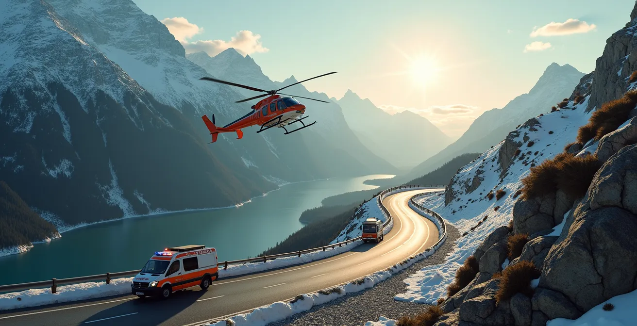 Bergrettungseinsatz mit Helikopter in den Alpen nach Motorradunfall