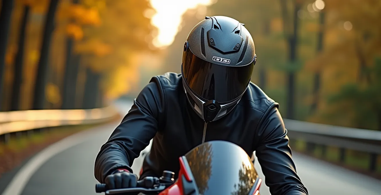 Motorradfahrer demonstriert korrekte Blickführung in Kurve