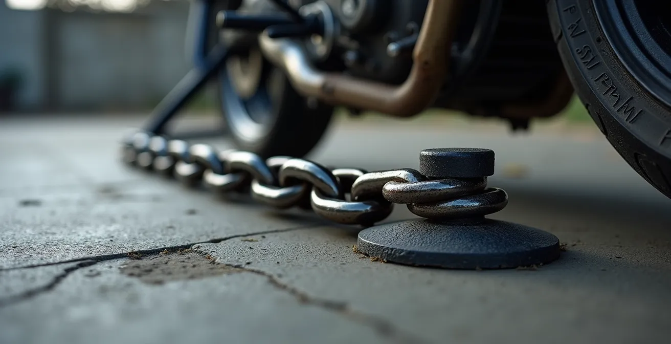 Motorradkette mit massivem Schloss an Bodenanker befestigt