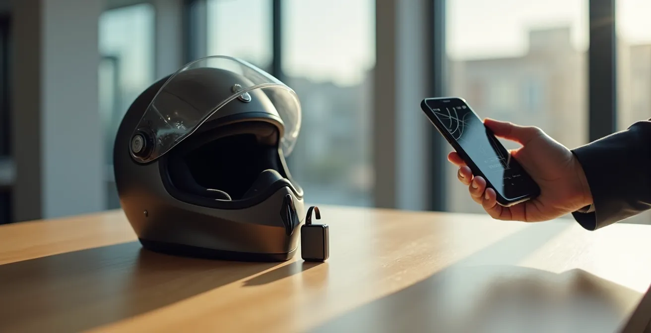 Smartphone mit Fahrtenbuch-App neben Motorradhelm und GPS-Tracker auf Schreibtisch