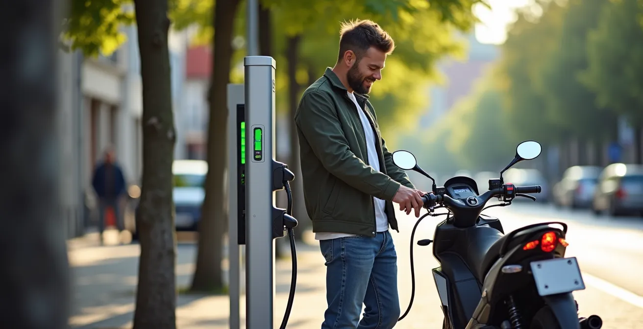 Elektromotorrad an öffentlicher Ladestation in deutscher Stadt