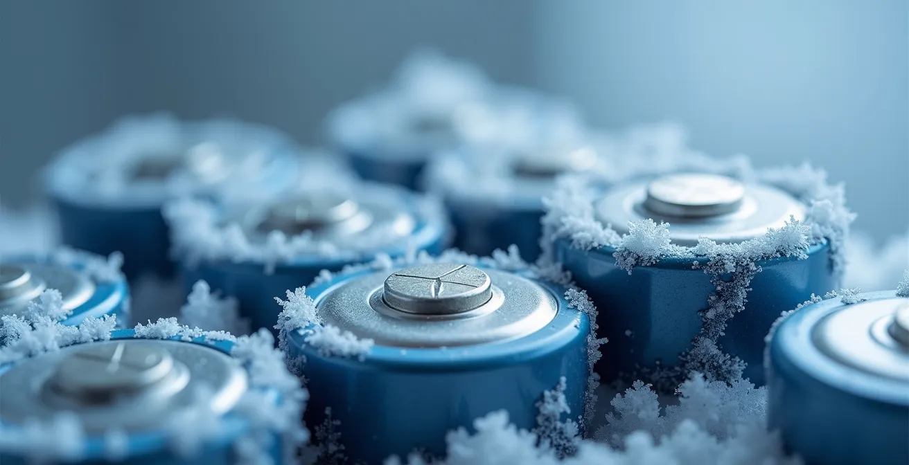 Makroaufnahme von Lithium-Ionen-Akkuzellen mit Eiskristallen und Temperaturanzeige