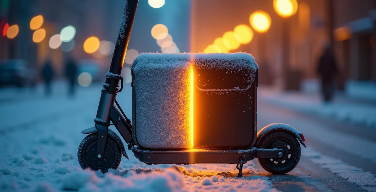 E-Roller Akku mit isolierender Thermohülle in winterlicher Umgebung