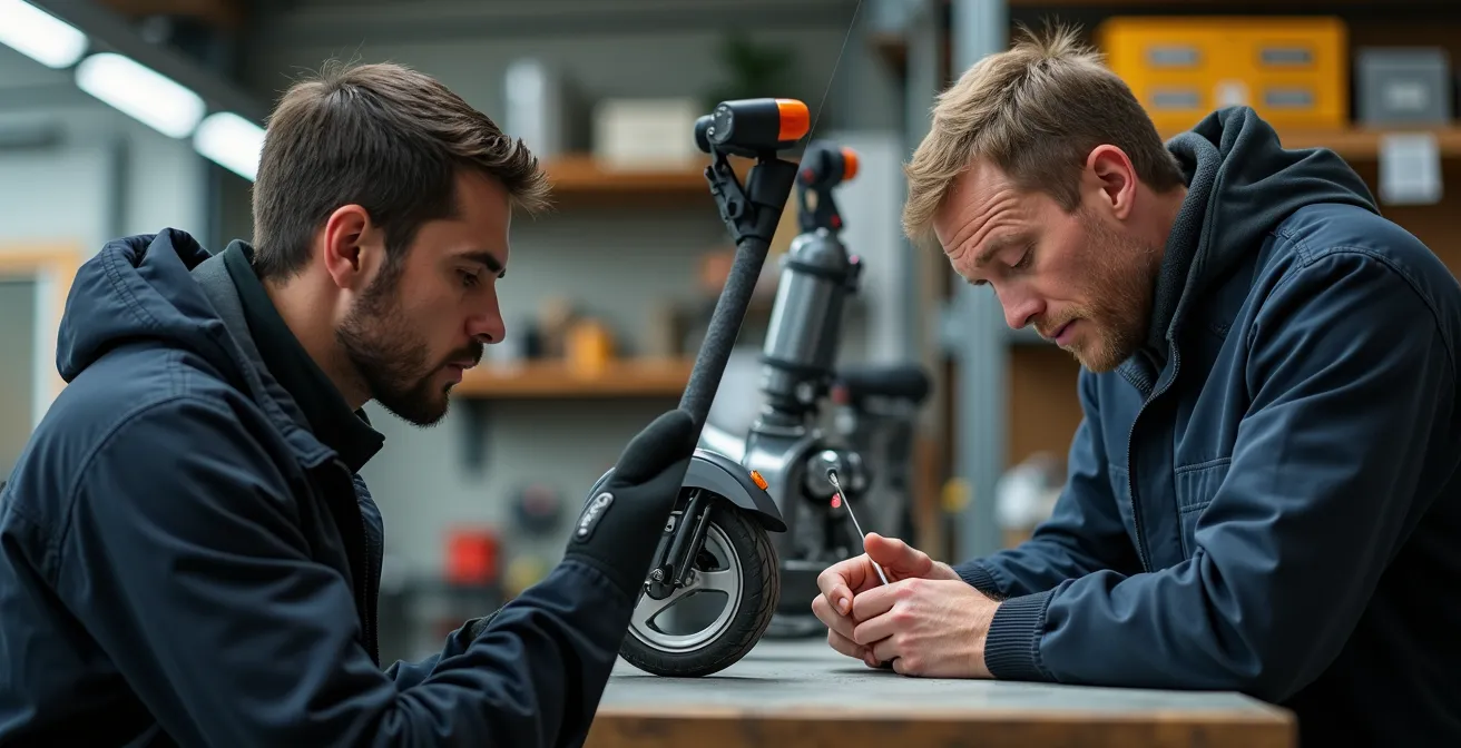 Geteilte Werkstattansicht mit E-Roller-Wartung links und Verbrenner-Service rechts