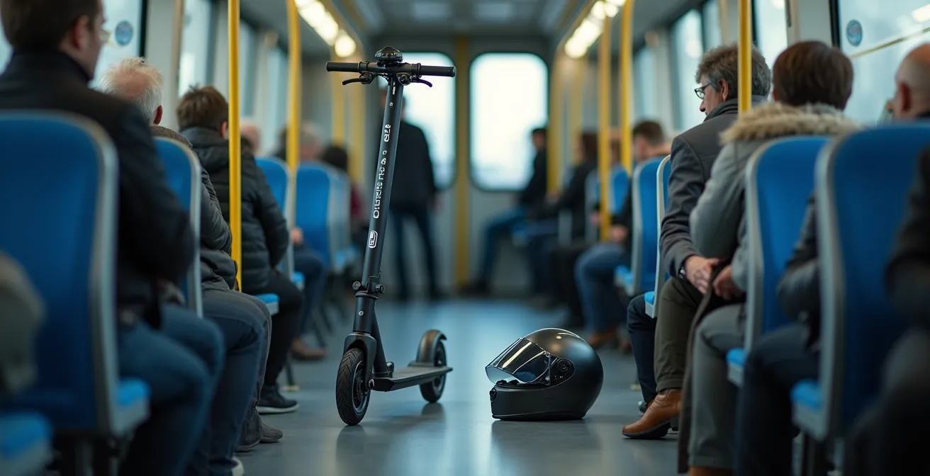 Gefalteter E-Scooter neben Motorradhelm und -jacke im Zugabteil