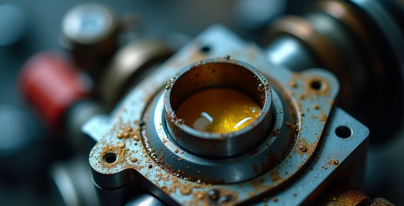 Nahaufnahme eines Motorrad-Vergasers mit Kondensationstropfen