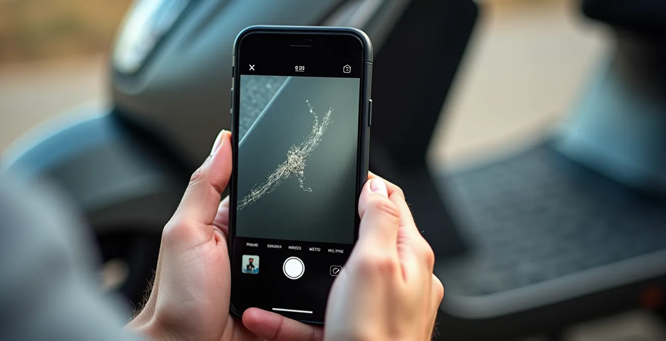 Eine Person fotografiert mit ihrem Smartphone aus nächster Nähe einen Kratzer an der Verkleidung eines Leihrollers.