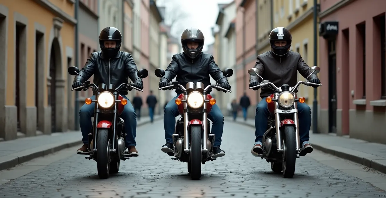 Motorradfahrer verschiedener Körpergrößen auf angepassten Maschinen im Stadtverkehr
