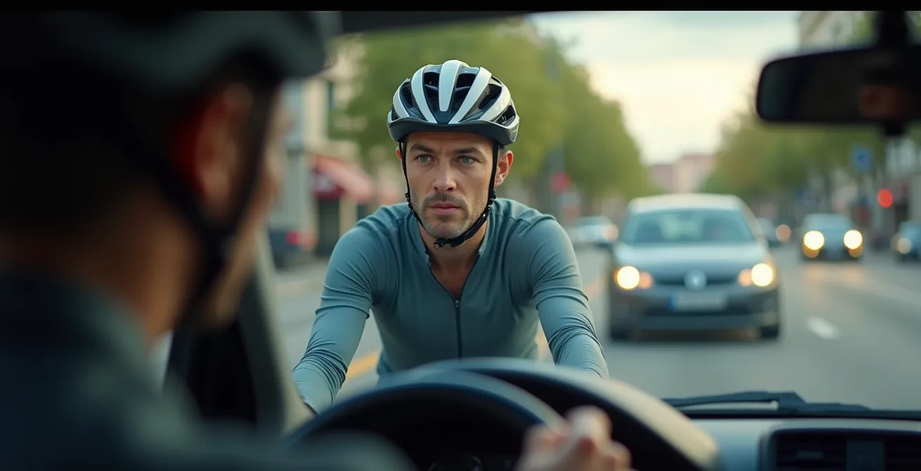 Radfahrer und Autofahrer mit scheinbarem Blickkontakt in kritischer Verkehrssituation