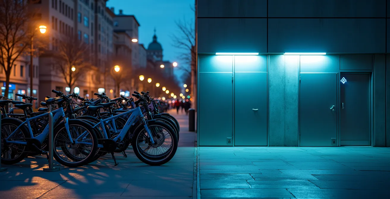 Vergleich zwischen überfülltem Fahrradständer und sicherem Fahrradparkhaus