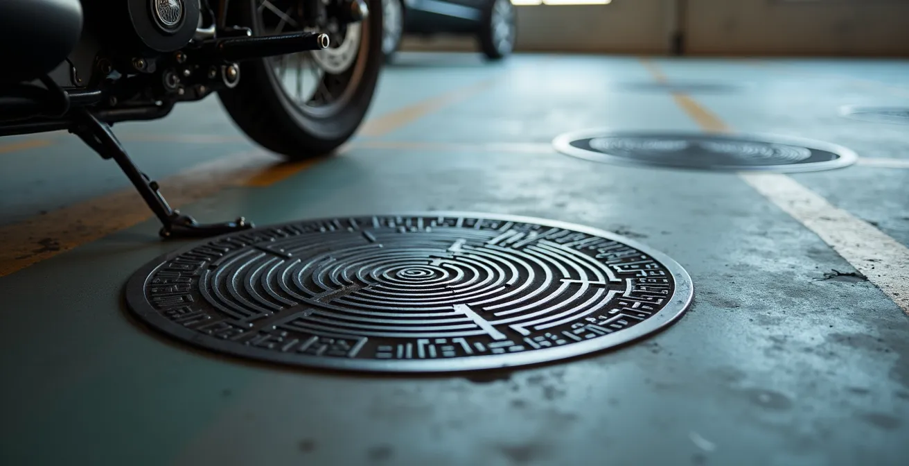 Nahaufnahme einer Induktionsschleife im Parkhaus mit Motorradposition