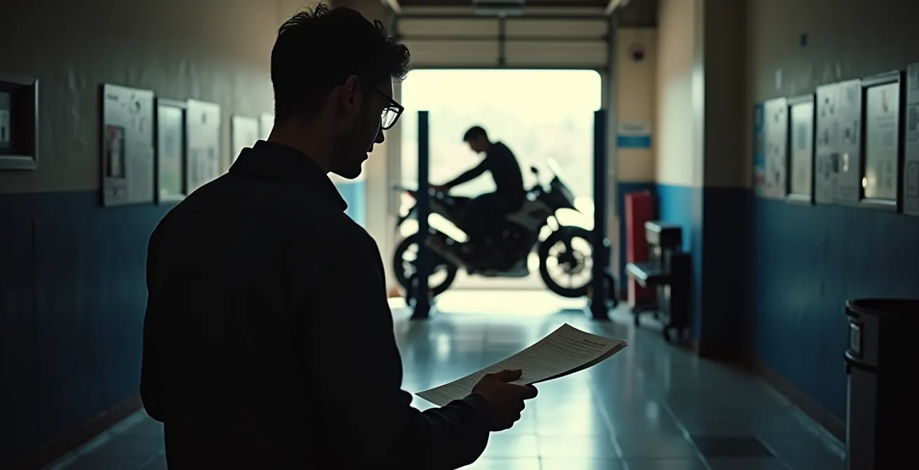 KBA-Prüfplakette und Motorrad in offizieller Prüfstation