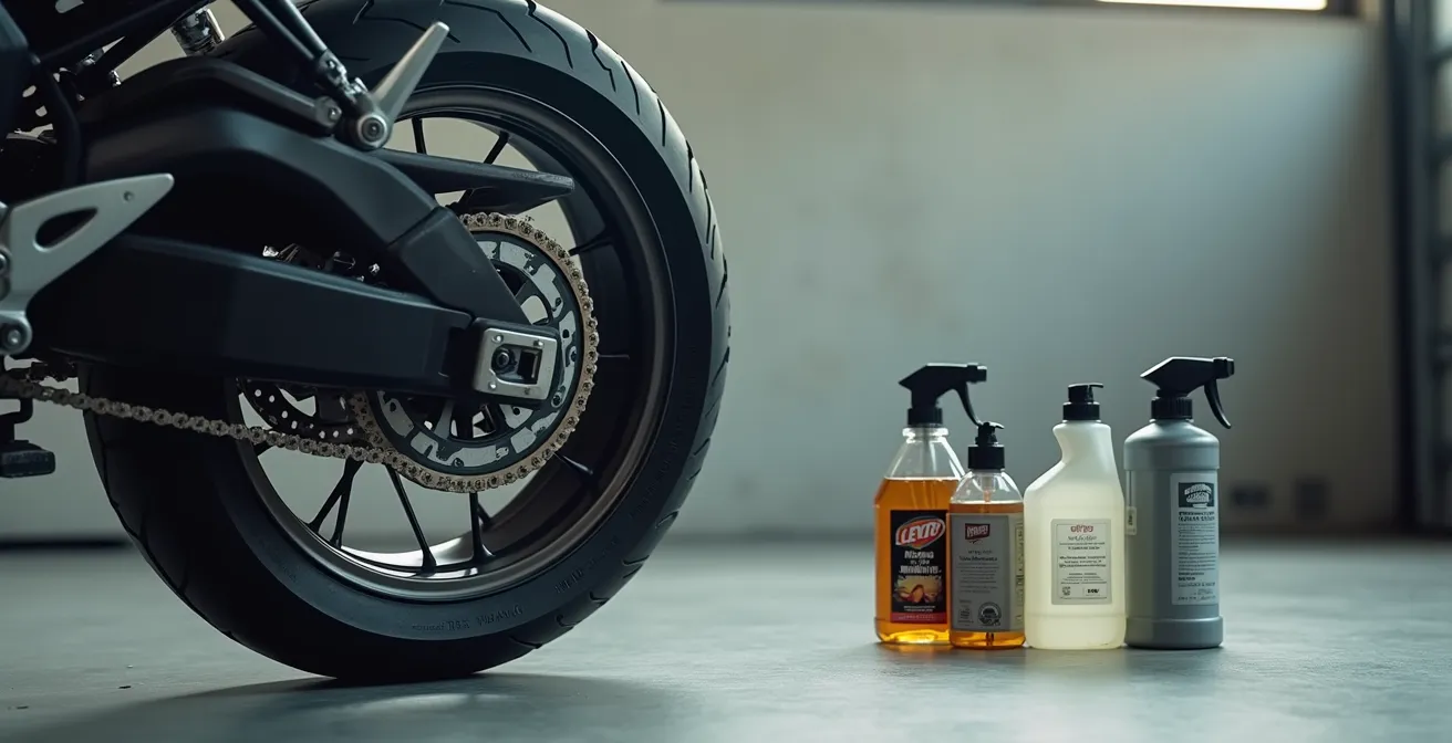 Hinterradfelge mit Kettenfett wird mit verschiedenen Reinigungsmitteln behandelt