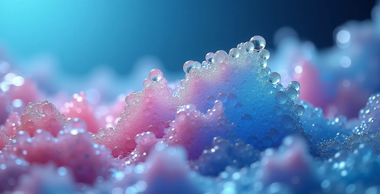 Mikroskopische Aufnahme verklumpter Kühlmittel-Partikel, die eine gelartige Masse bilden.