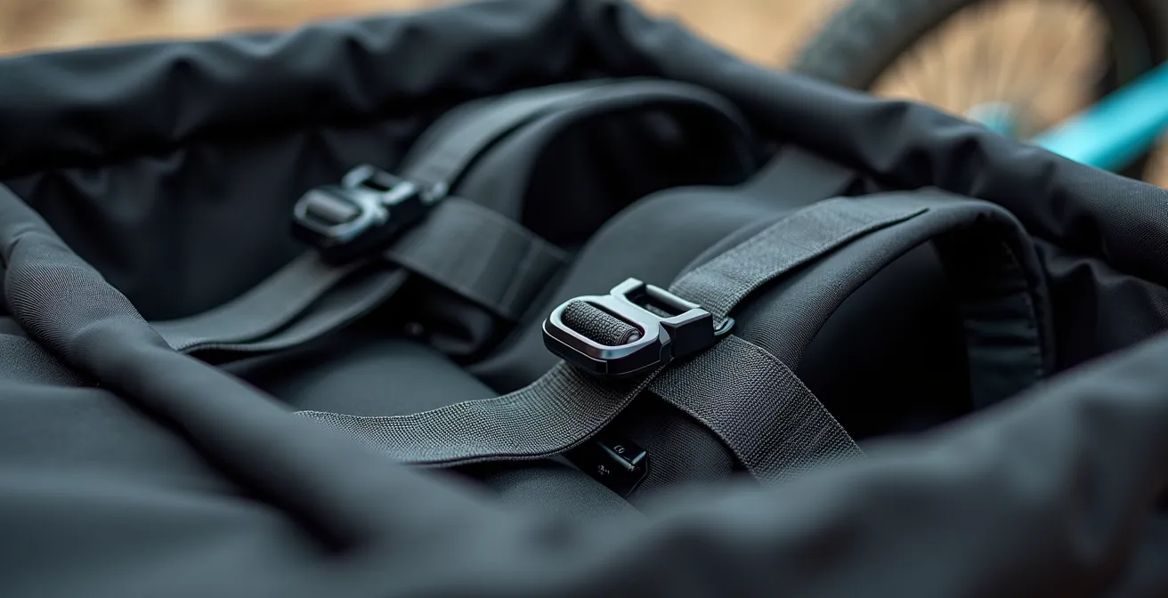 Nahaufnahme von Sicherheitsgurten und Kopfstützen in einer Lastenrad-Transportbox