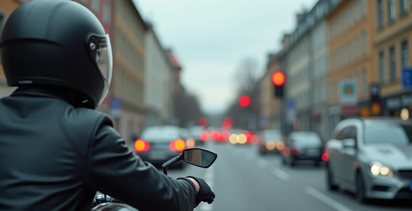 Motorrad wartet ordnungsgemäß an roter Ampel im deutschen Stadtverkehr