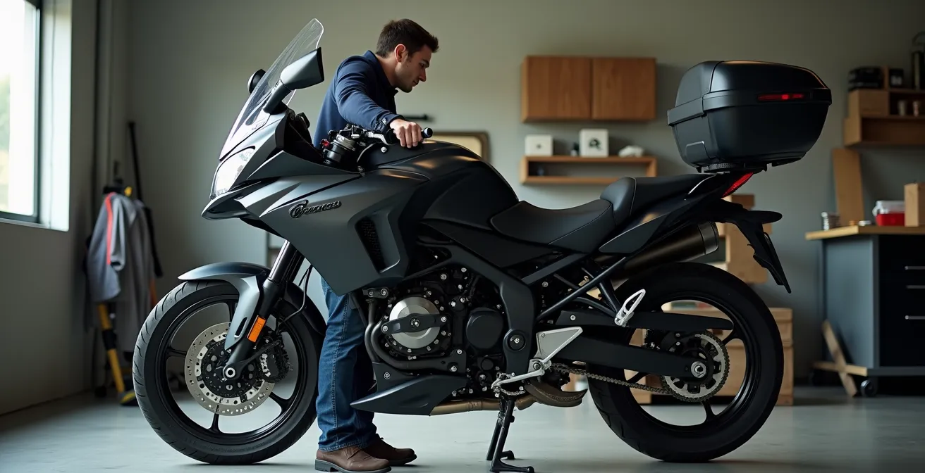 Seitenansicht eines Motorradfahrers beim ergonomischen Aufbocken eines schweren Motorrads auf den Hauptständer