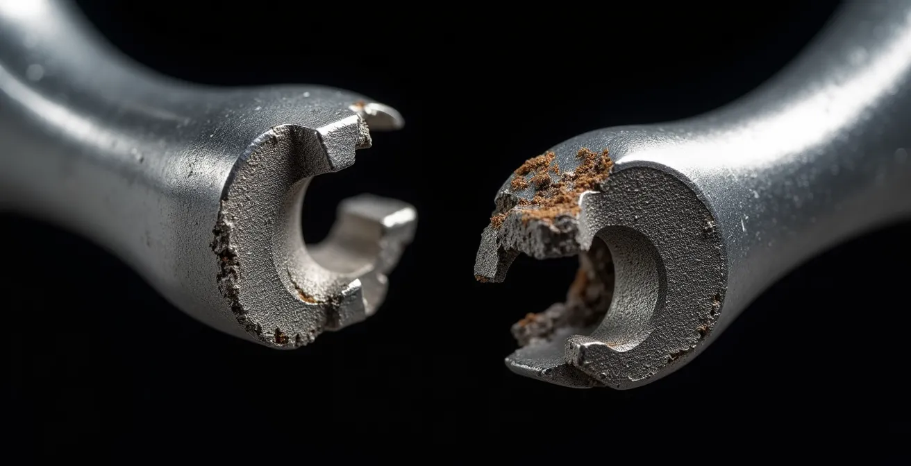 Makroaufnahme von Bremshebel-Bruchstelle zeigt Materialunterschiede