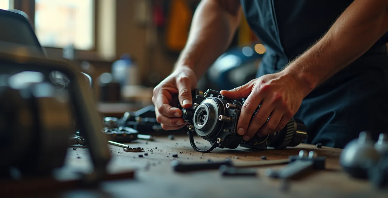 Mechaniker installiert Drosselkit an Motorrad in Werkstatt