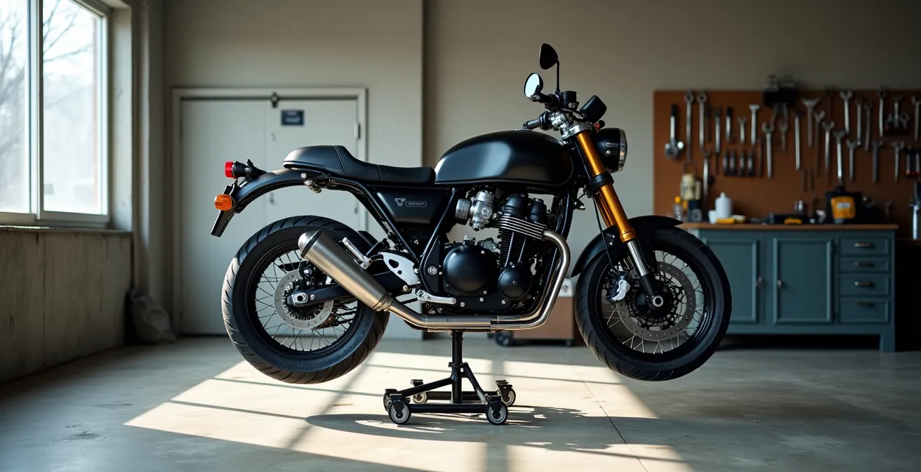 Motorrad auf Hauptständer in Werkstatt mit sichtbarer Kette für Wartungsarbeiten