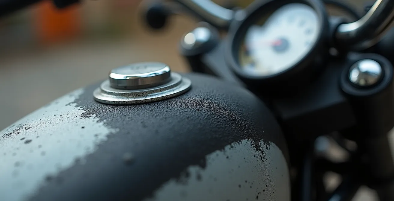 Nahaufnahme von Motorrad-Armaturen während der Kunststoffpflege, die den Kontrast zwischen aufgefrischtem Schwarz und ausgeblichenem Grau zeigt