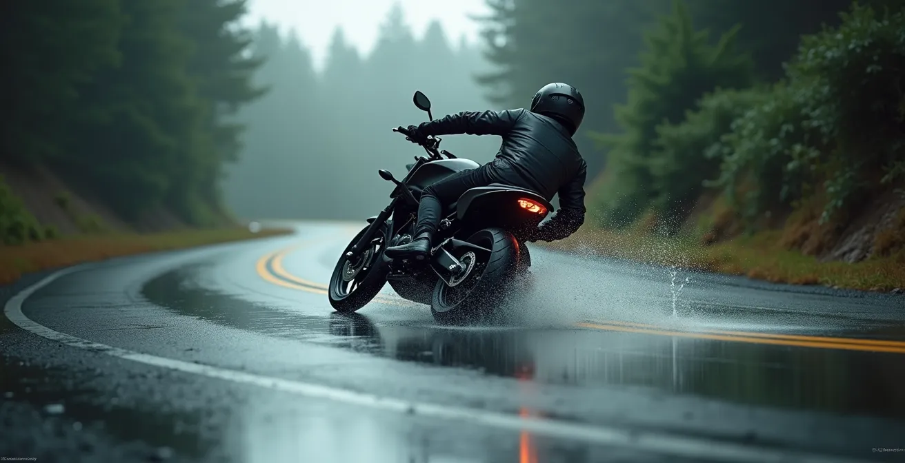 Motorrad in Schräglage auf nasser Kurvenstraße mit sichtbaren Wasserreflexionen