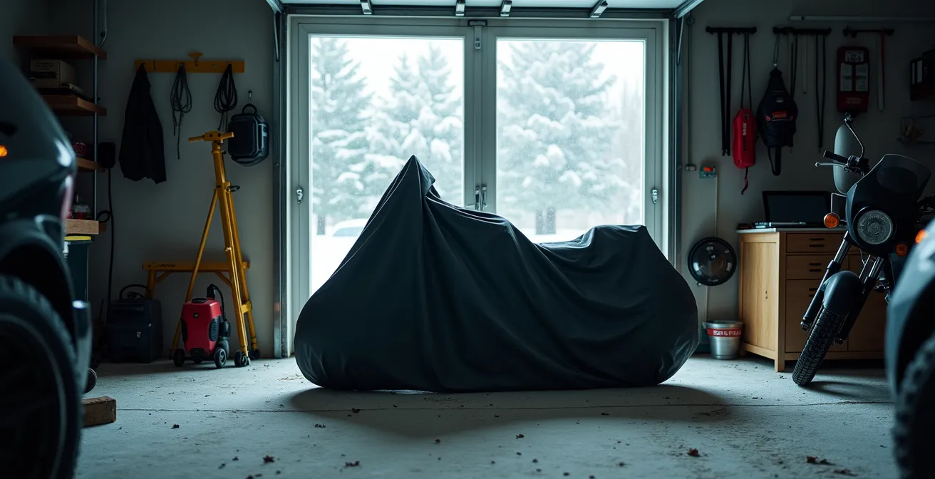 Motorrad mit Saisonkennzeichen in Wintergarage