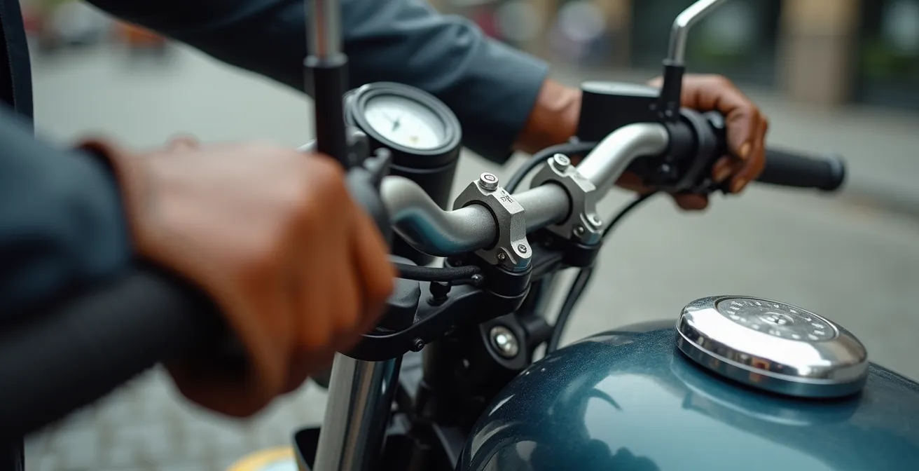 Person schiebt Motorrad durch deutsche Fußgängerzone