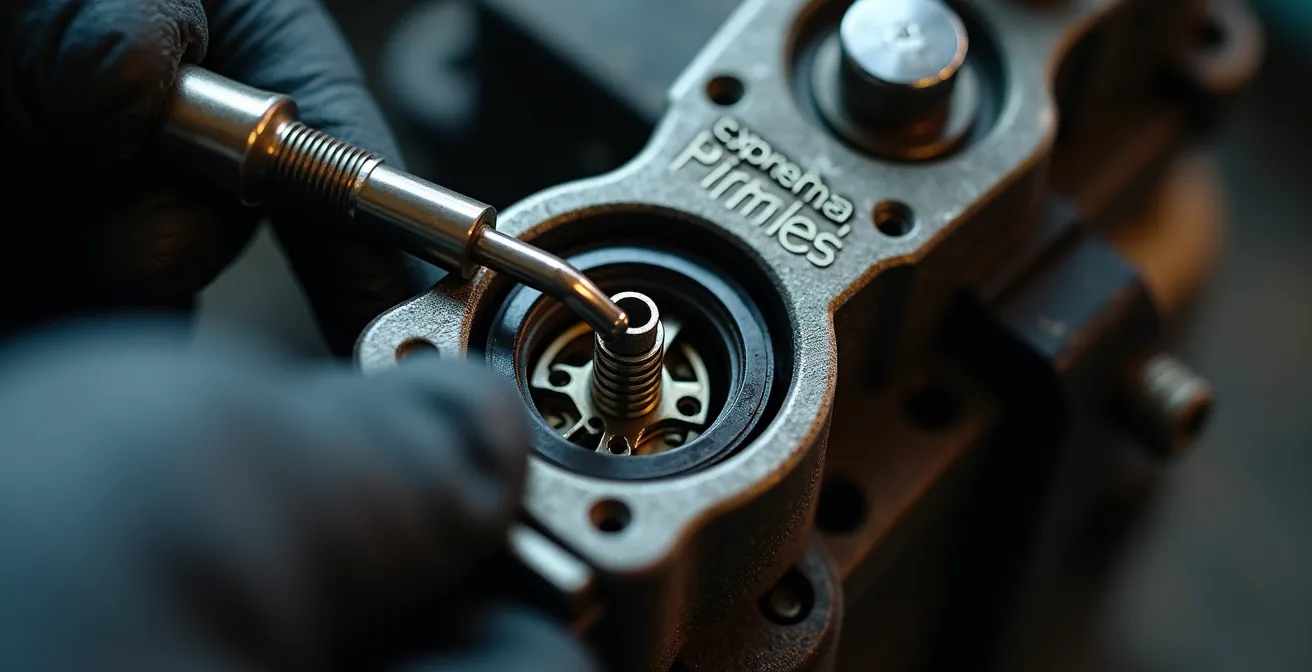 Schlüsseldienstmitarbeiter arbeitet am Zündschloss eines Motorrads in der Werkstatt