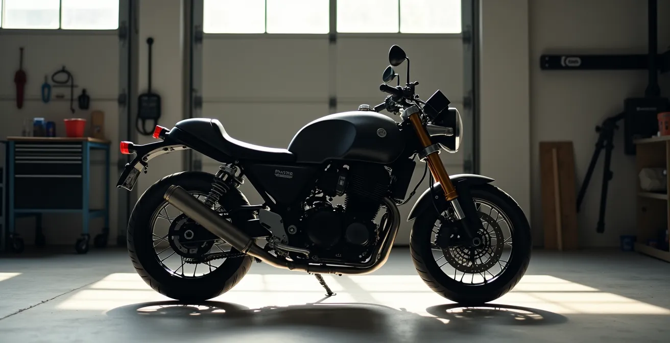 Seitenansicht eines Motorrads mit modifizierter Sitzbank und sichtbaren Geometrieänderungen