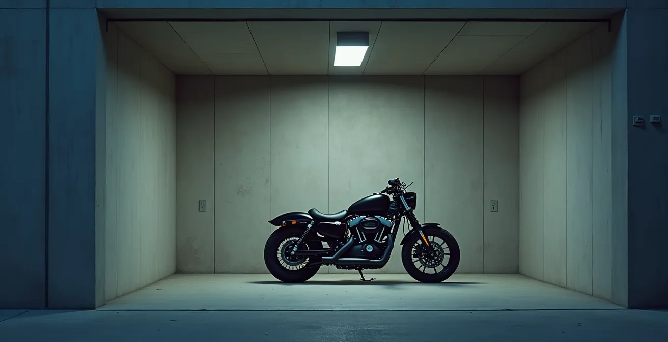 Motorrad sicher in einer beleuchteten Garage abgestellt mit Fokus auf Sicherheitsaspekte