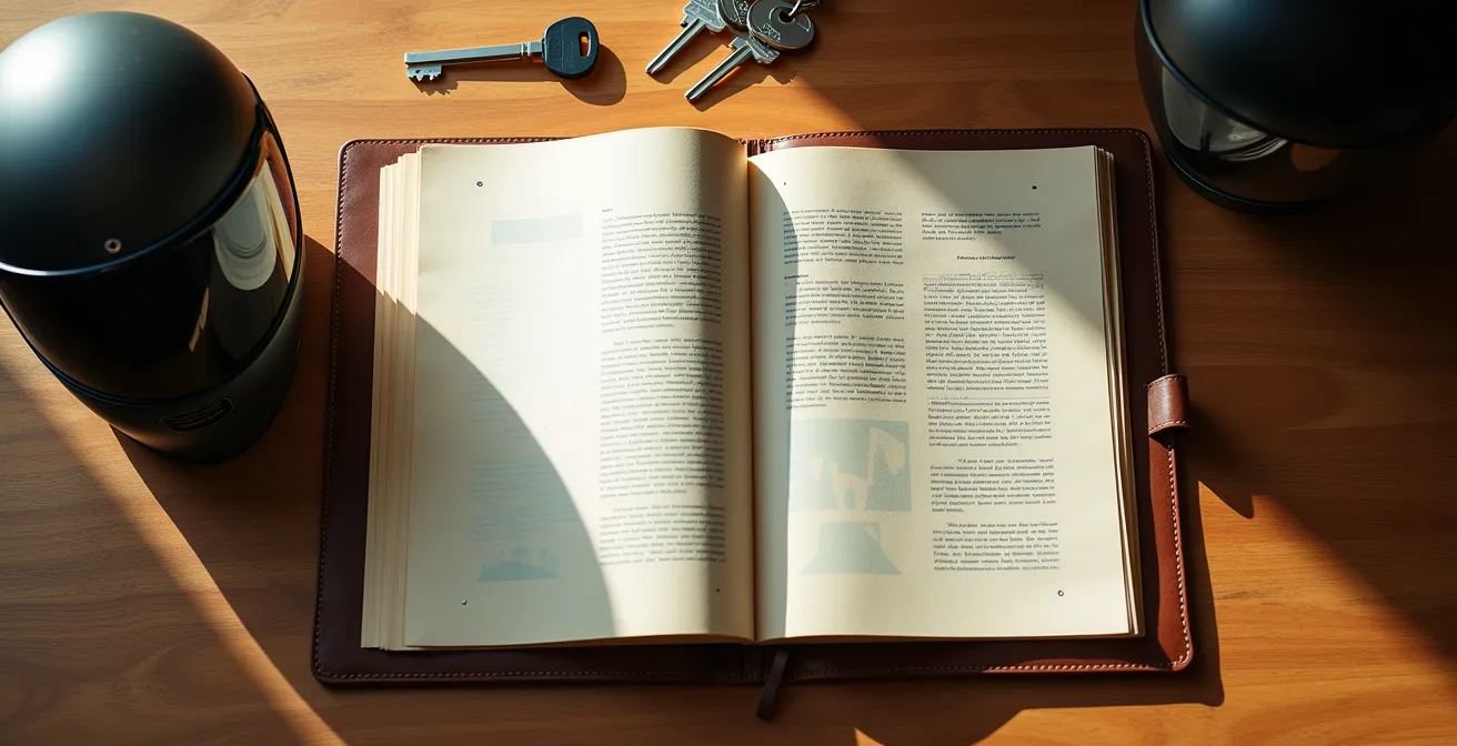 Geöffneter Ordner mit Motorrad-Dokumenten aus der Vogelperspektive