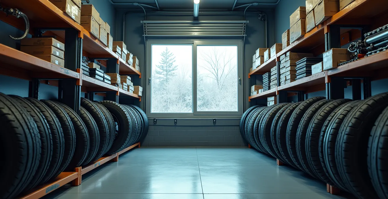 Motorrad-Ersatzteile ordentlich in Winterlager-Regalen arrangiert