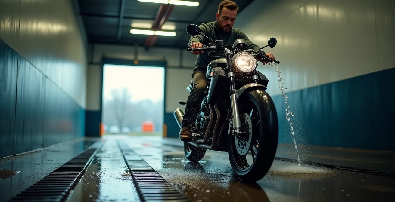 SB-Waschbox mit Motorrad und sichtbarem Abflusssystem