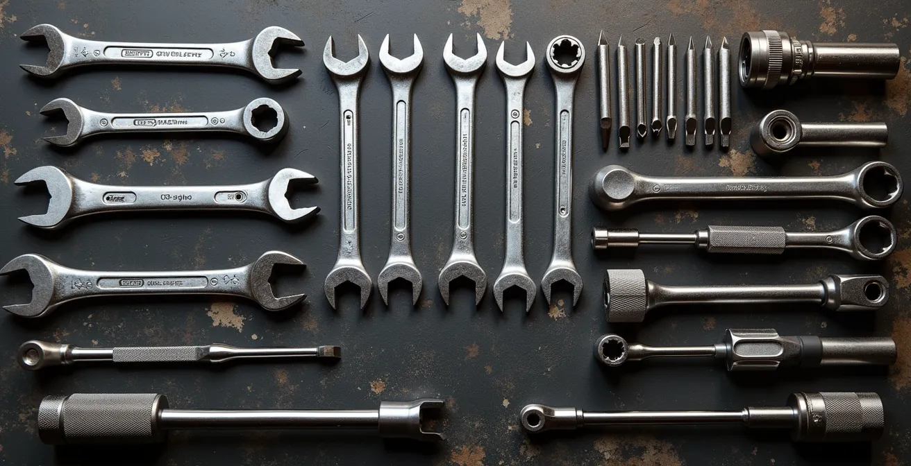 Übersichtliche Anordnung essentieller Motorradwerkzeuge auf Werkbank