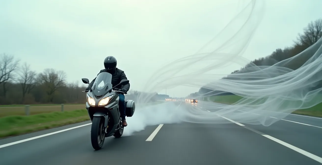 Seitliches Profil eines Motorradfahrers mit visualisierten Luftströmungen um verschiedene Scheibenhöhen