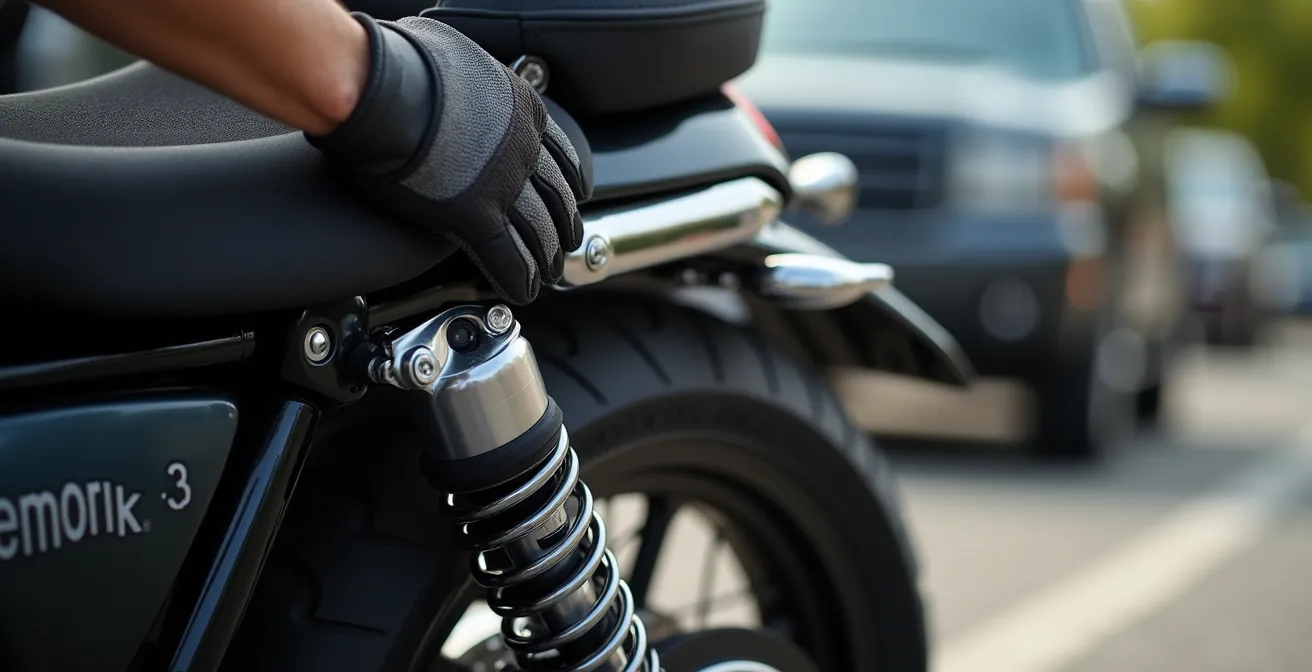 Motorradfahrer führt Heck-Drück-Test zur Überprüfung der Zugstufe durch