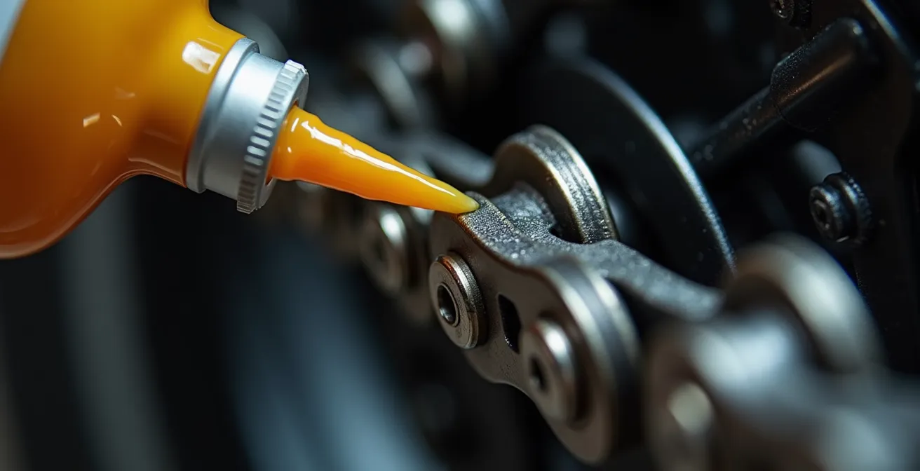 Nahaufnahme einer perfekt geschmierten Motorradkette mit sichtbarem Kettenspray