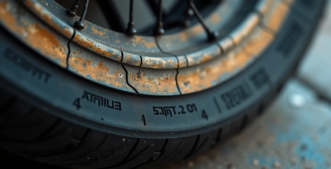 Detailaufnahme von Alterungsrissen an einer Motorradreifenflanke