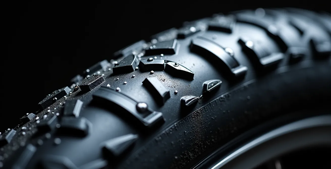 Makroaufnahme eines Adventure-Reifenprofils mit sichtbarer Gummimischung