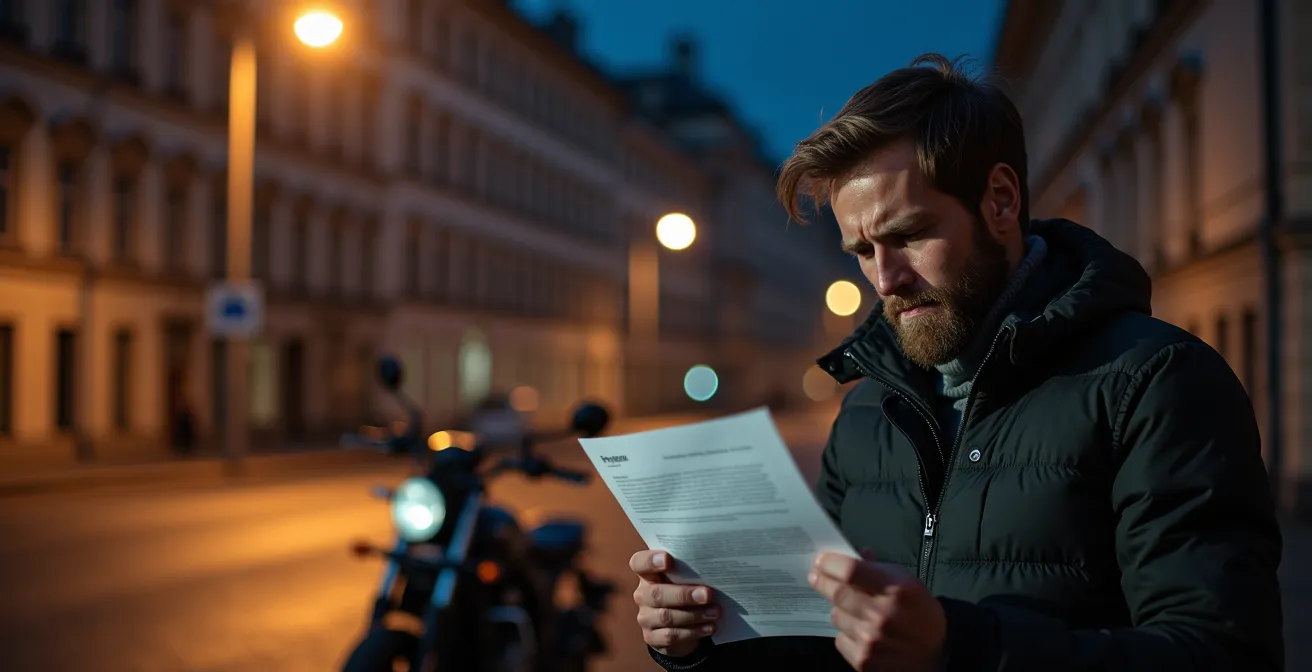 Motorrad nachts an Straßenlaterne in Berlin angeschlossen