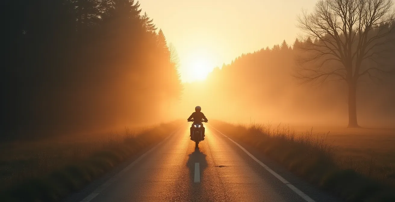 Ein Motorrad auf einer nebligen deutschen Landstraße im Morgengrauen, symbolisch für einen Kaltstart.