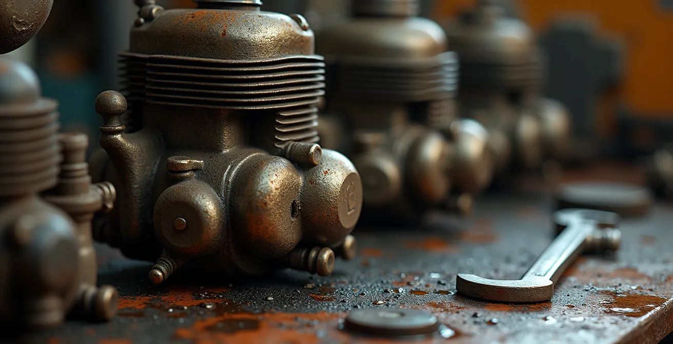 Klassisches Motorrad in Werkstatt mit Ersatzteilen und Werkzeug