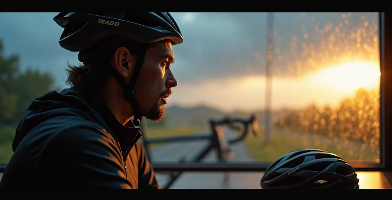 Radfahrer prüft Wettervorhersage vor Abfahrt