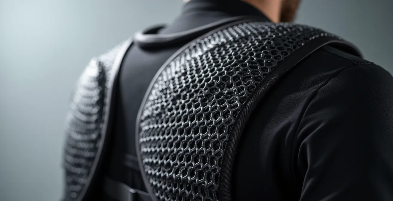 Detailaufnahme eines Level-2-Rückenprotektors mit sichtbarer Wabenstruktur und Lendenwirbelabdeckung