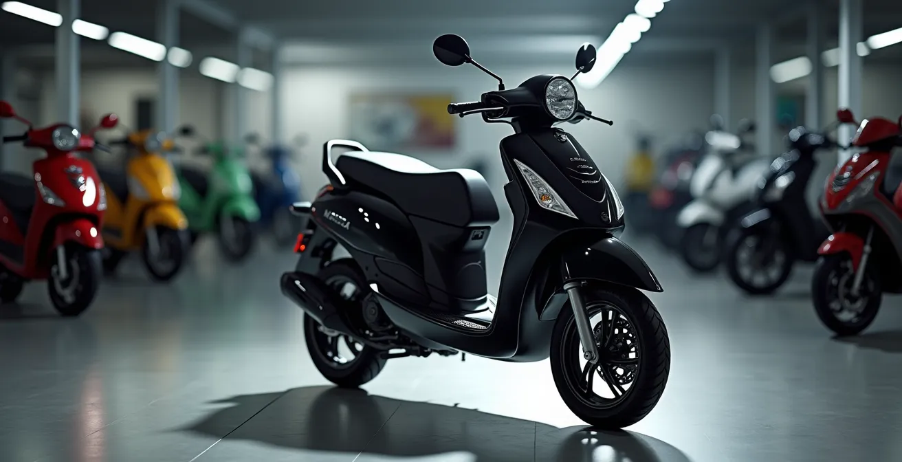 Schwarzes 125er Motorrad in neutralem Showroom-Setting mit Fokus auf zeitlose Eleganz