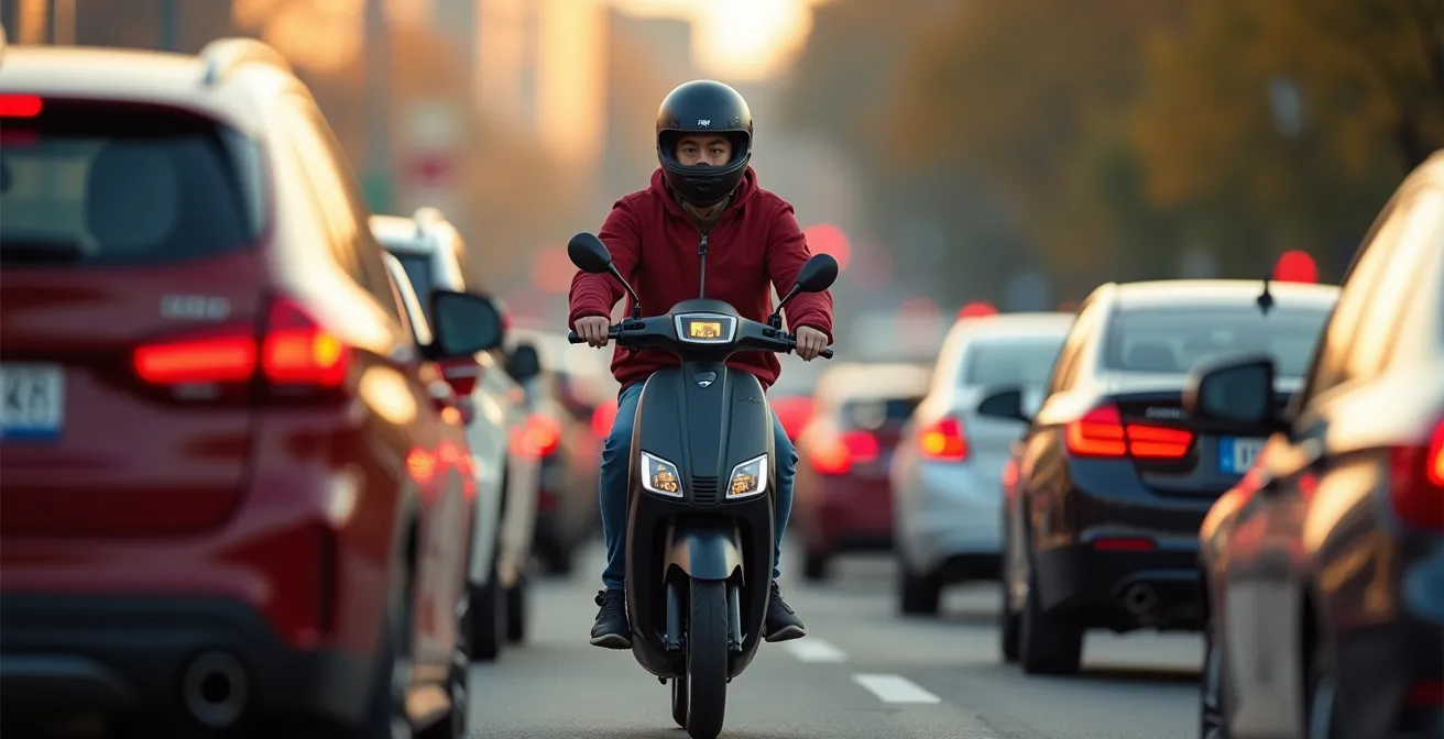 Ein E-Roller-Fahrer umfährt geschickt einen dichten Stau im abendlichen Berufsverkehr einer deutschen Stadt.